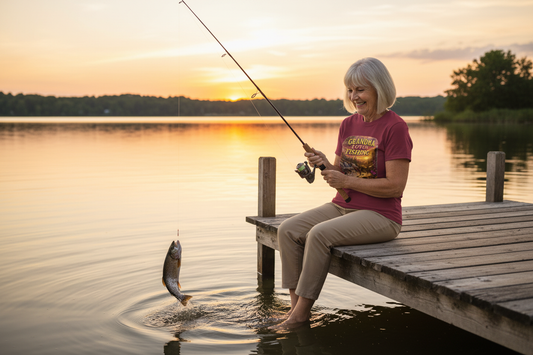 Grandmother wearing Grandma Loves Fishing maroon t-shirt sitting at dock with fishing pole at sunset