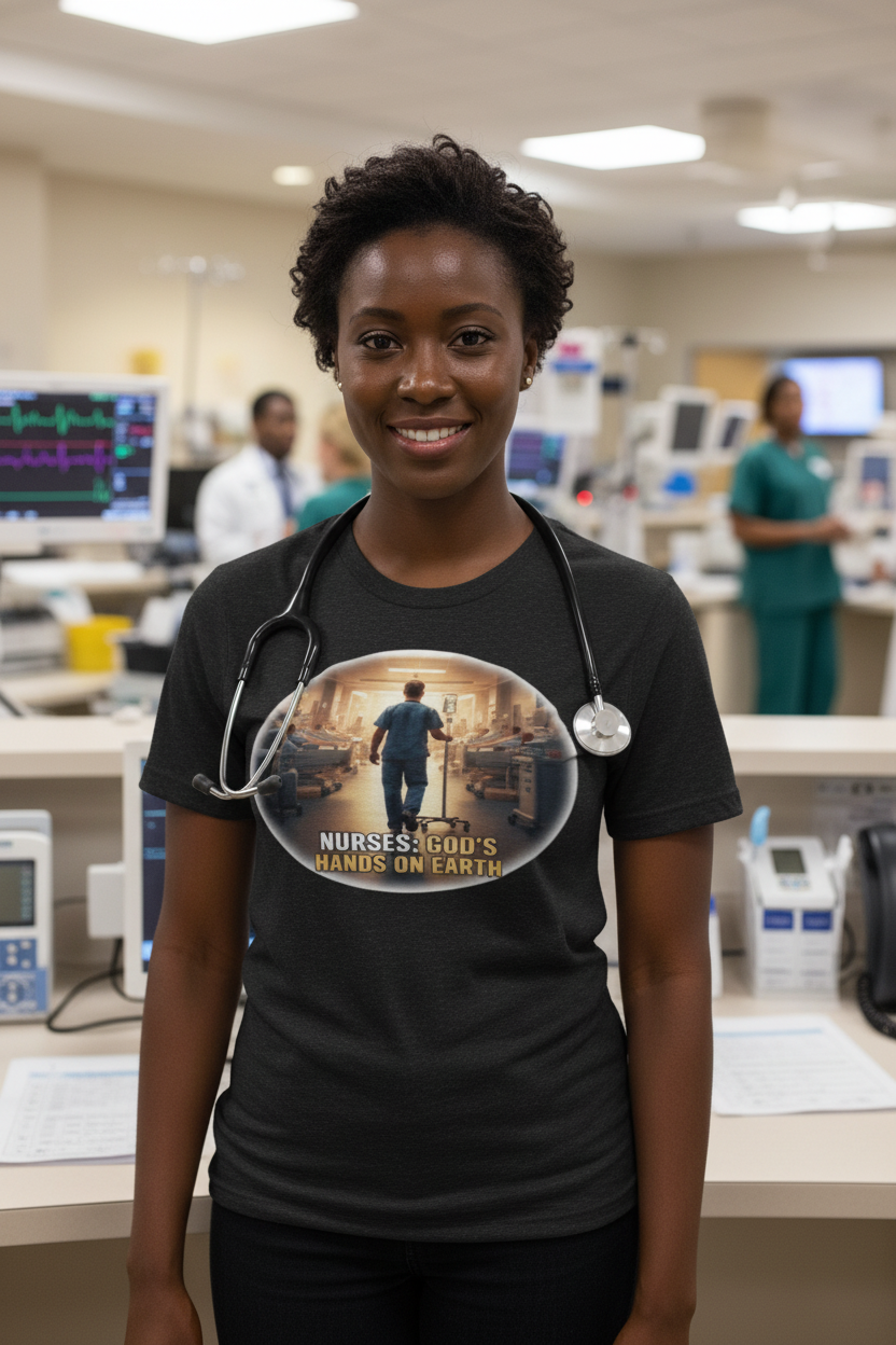 Black female nurse wearing Nurses God's Hands on Earth tee at nurses station
