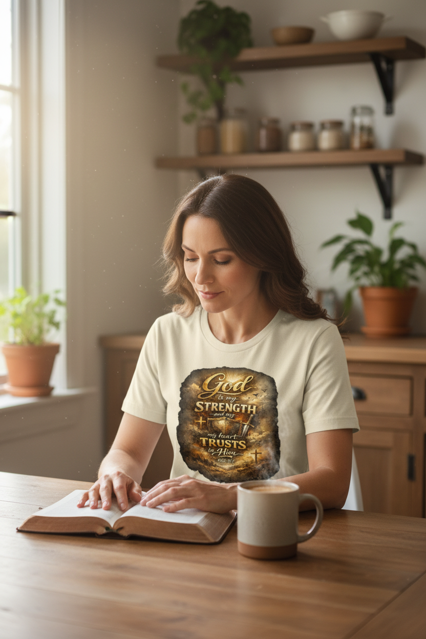 Woman wearing natural cream God Is My Strength Psalm 28:7 faith t-shirt reading Bible at kitchen table