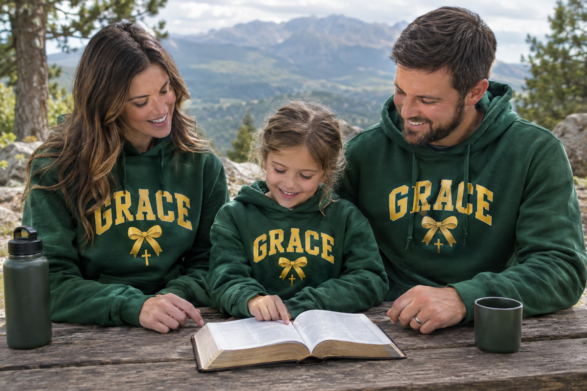 Family wearing green GRACE hoodies studying the Bible at a park picnic table
