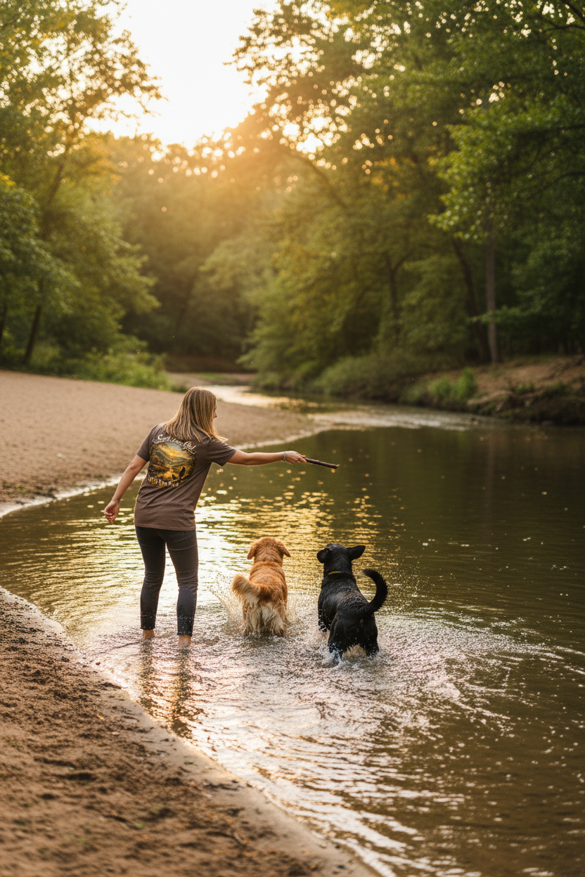 Woman wearing Small Town Girl Fur Baby Mama brown tee throwing stick as two dogs splash in river
