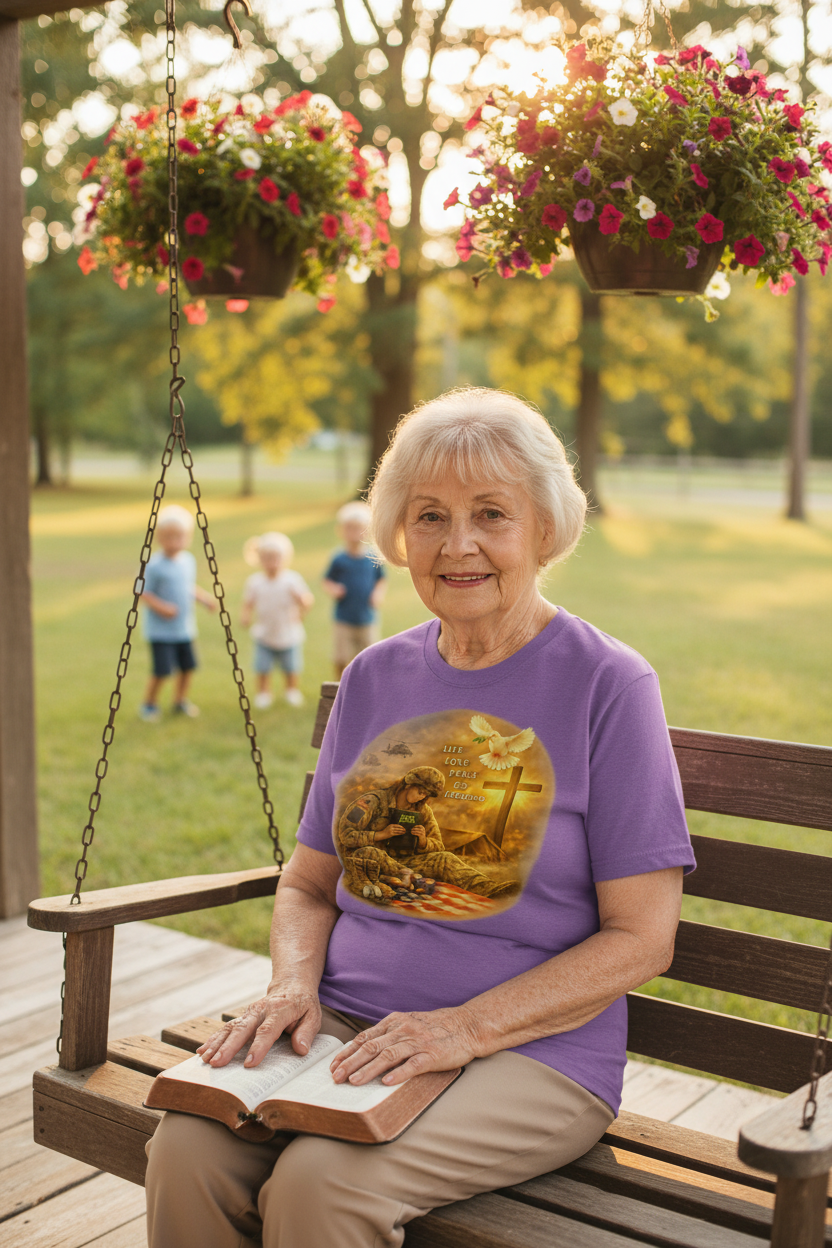 Grandma wearing Life Love Peace Joy Freedom veteran t-shirt on porch swing lifestyle mockup