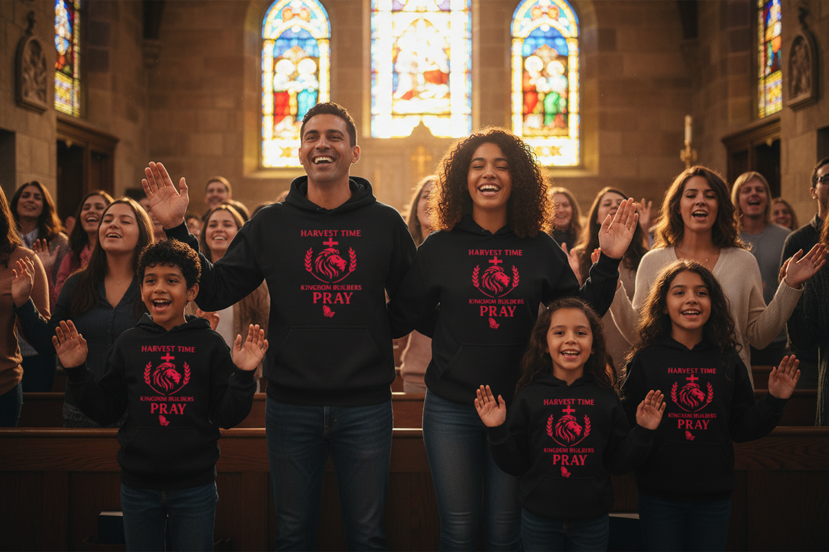 Family wearing Harvest Time Kingdom Builders Pray hoodies at a church gathering