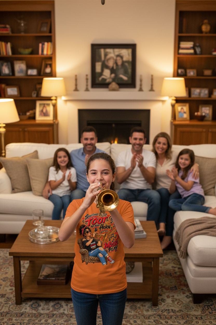 Daughter playing trumpet for family in living room wearing the Toot My Own Horn burnt orange graphic tee