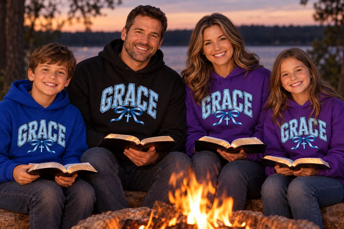 Mother, father, son and daughter wearing GRACE hoodies reading Bibles by a campfire