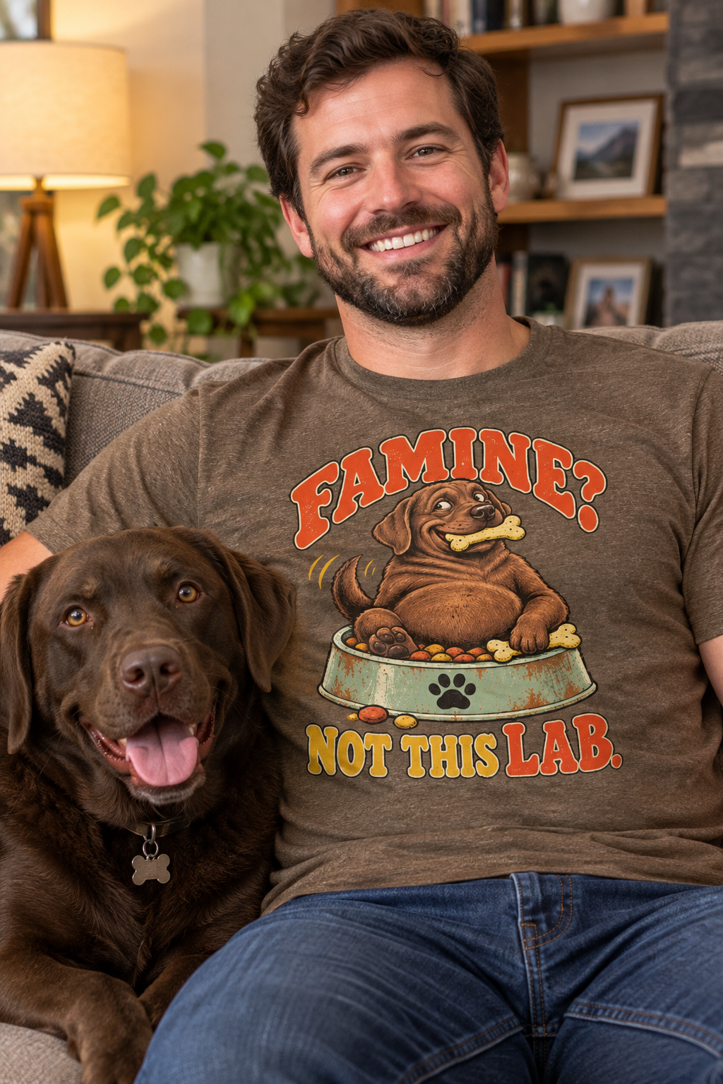 Man on couch with chocolate lab wearing Famine Not This Lab t-shirt
