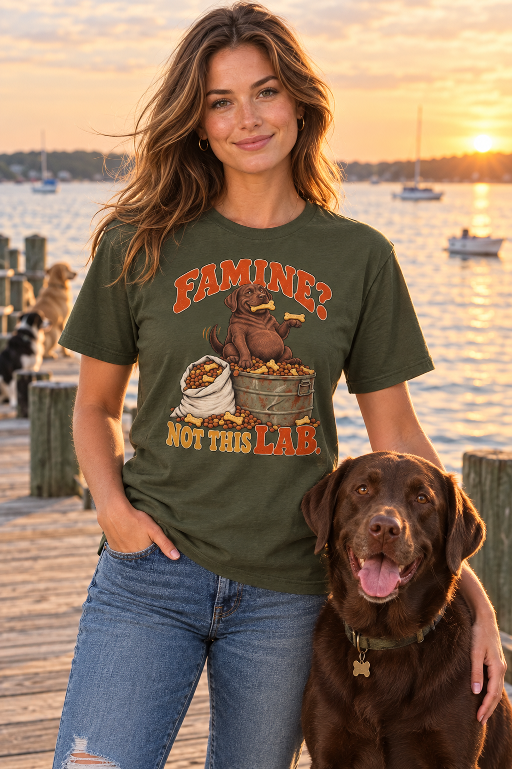 Woman wearing an olive funny chocolate Lab graphic T-shirt with dogs at a dock by the bay
