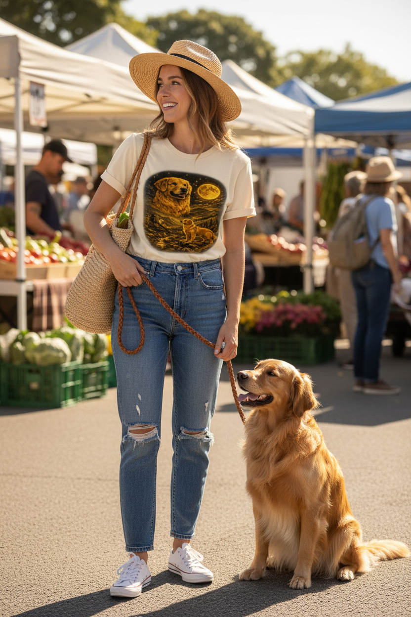 Woman at farmers market with golden retriever on leash wearing golden retriever t-shirt