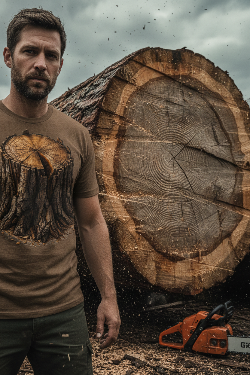 Man wearing tree stump tee next to massive old-growth log in logging yard
