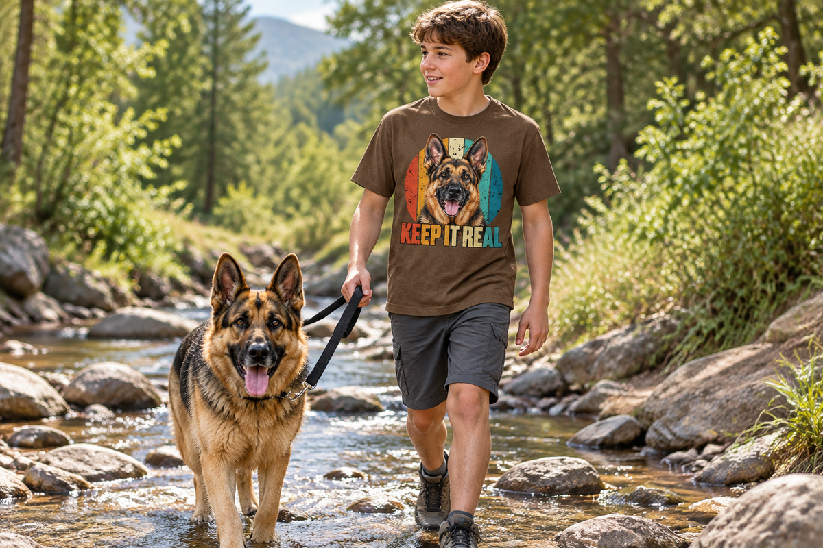 Son wearing a German Shepherd Keep It Real T-shirt while walking a dog along a wooded creek bed