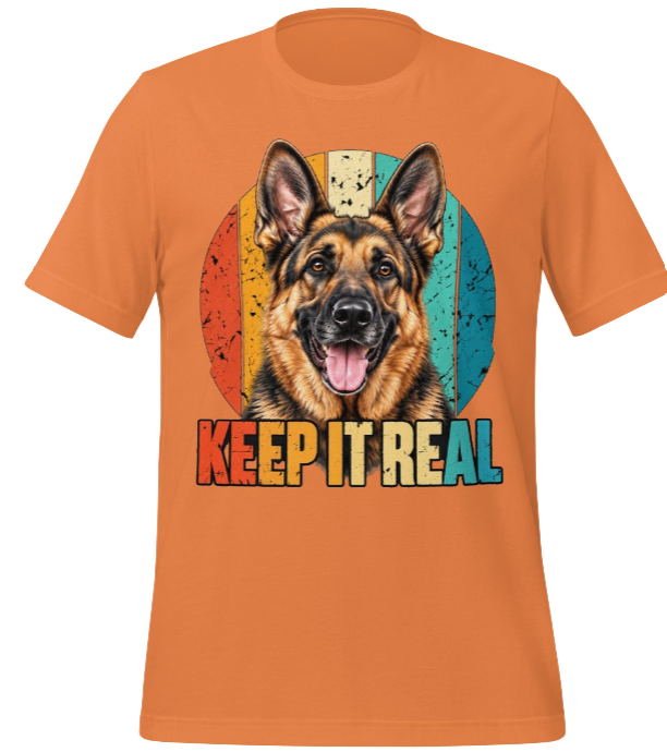 Front view of an orange German Shepherd Keep It Real graphic T-shirt