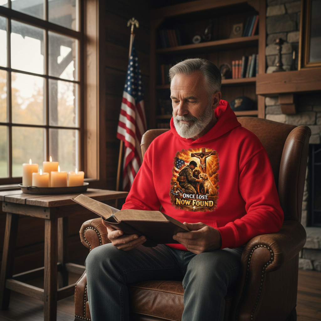 Veteran reading Bible by candlelight wearing Once Lost Now Found red faith hoodie