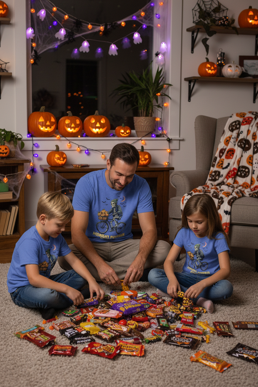 Dad and kids in Midnight Pumpkin Delivery t-shirts counting Halloween candy on the living room floor