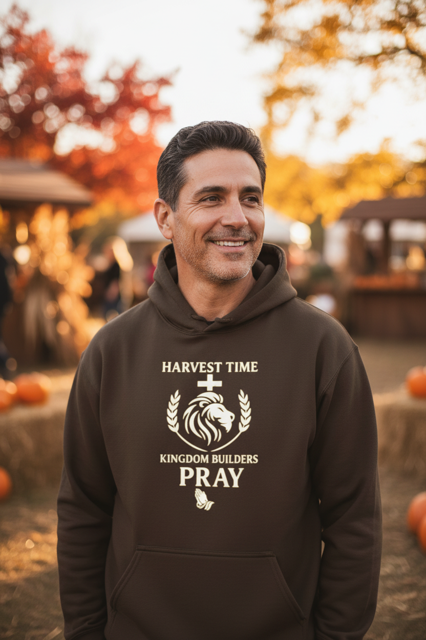 Man wearing dark brown Harvest Time Kingdom Builders PRAY hoodie at harvest festival