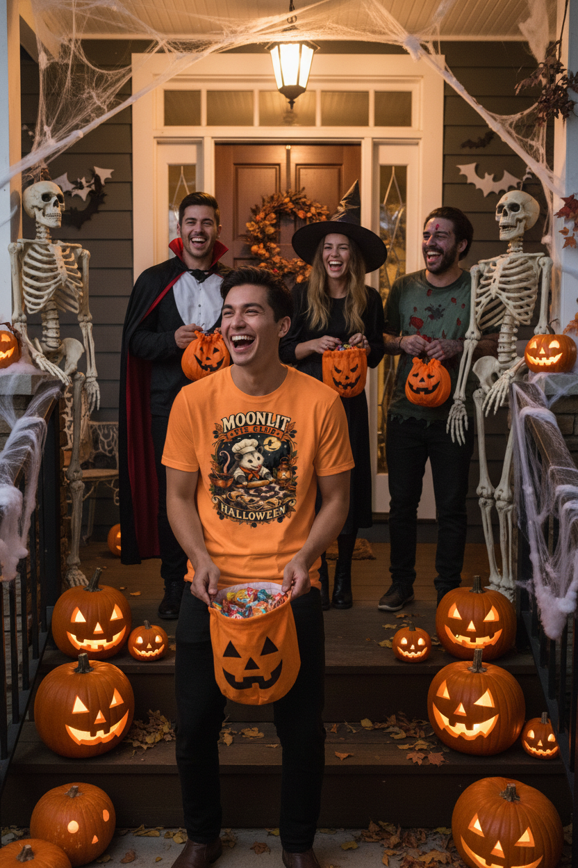 Friends trick-or-treating at decorated door wearing Moonlit Pie Club Halloween t-shirt