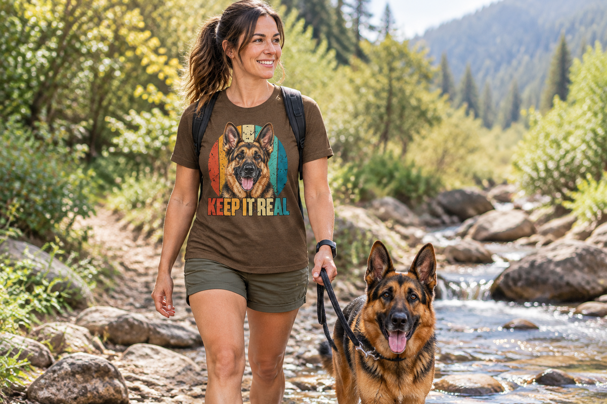 Mother wearing a German Shepherd Keep It Real T-shirt while walking a dog along a wooded creek bed