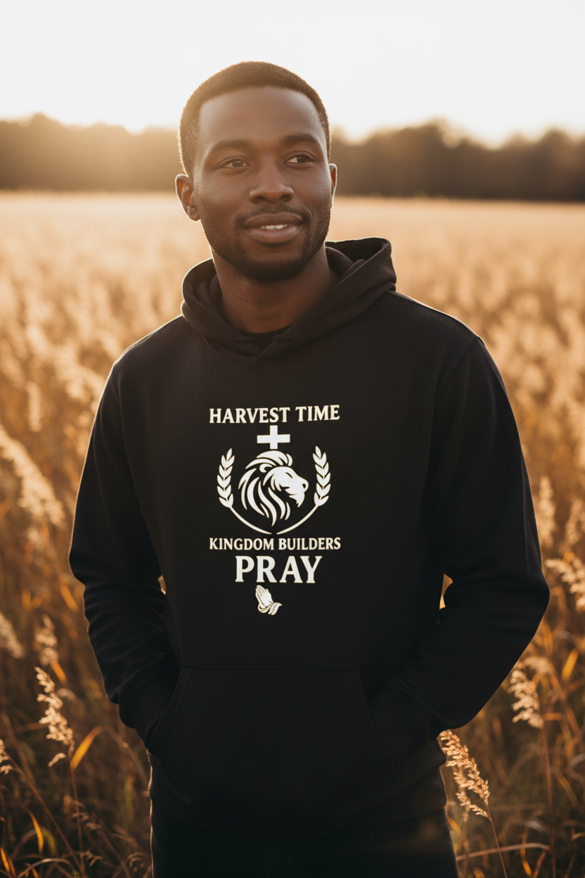 Man wearing black Harvest Time Kingdom Builders PRAY hoodie outdoors at golden hour