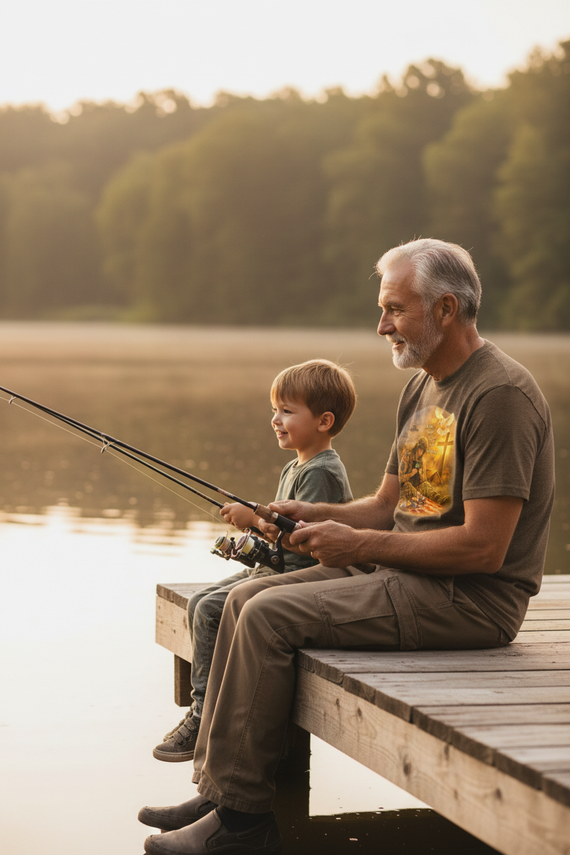 Grandfather and grandson fishing wearing Life Love Peace Joy Freedom veteran t-shirt lifestyle mockup