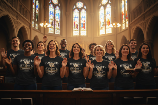 Saints wearing the Sword of the Spirit Faith Warrior T-Shirt at church with stained glass windows