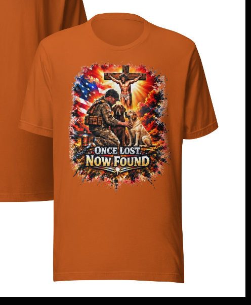 Once Lost Now Found Faith Patriot Tee – Burnt Orange lifestyle mockup front and back