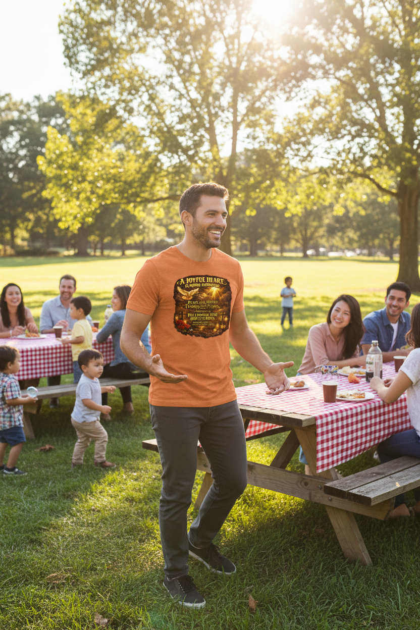 Man wearing A Joyful Heart Is Good Medicine faith t-shirt at a sunny church picnic with friends and family