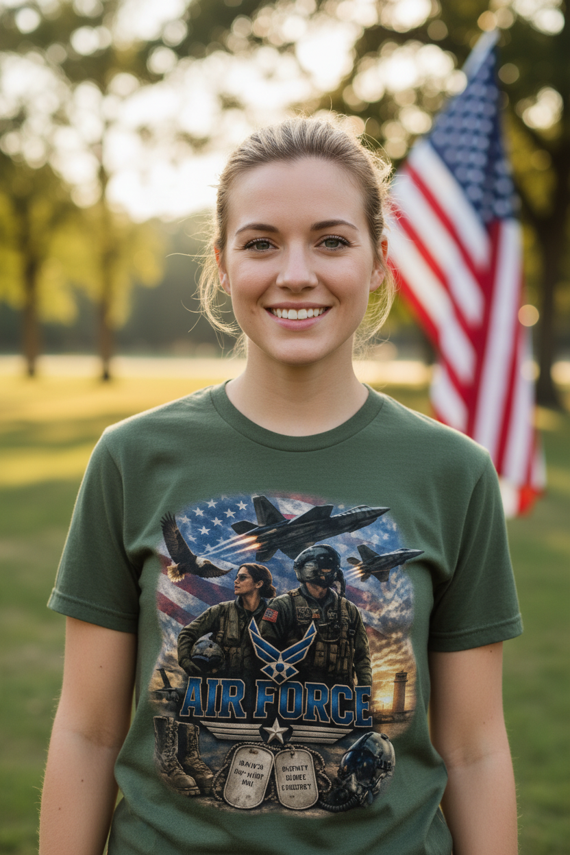 Woman wearing military green Air Force graphic t-shirt