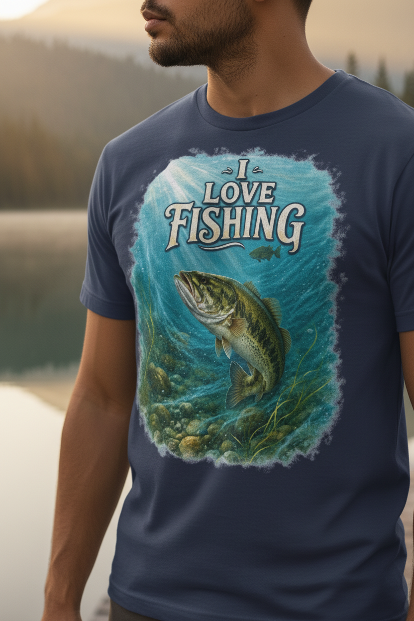 Man wearing navy I Love Fishing t-shirt on mountain lake dock at golden hour