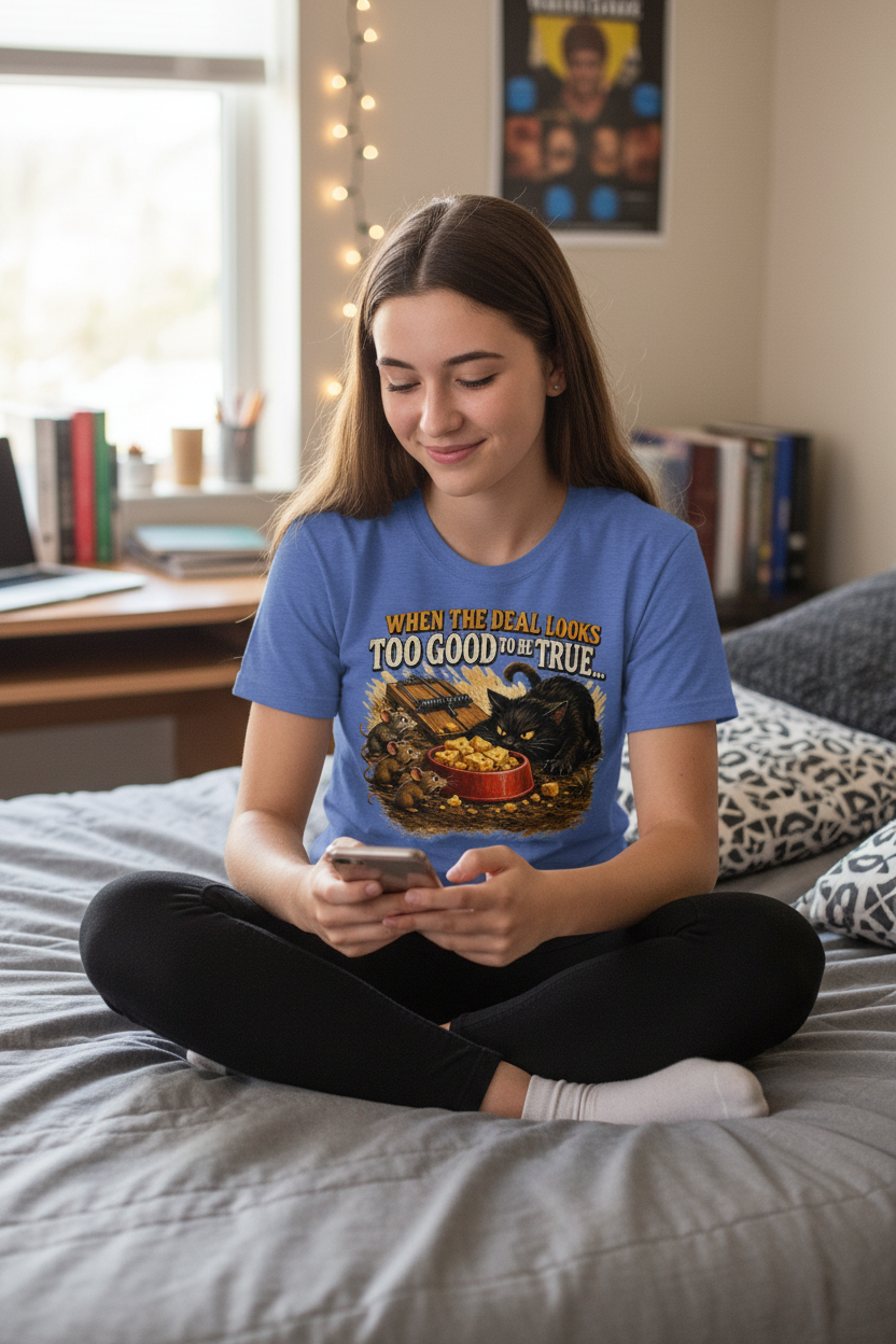 Teen girl wearing heather blue When The Deal Looks Too Good To Be True graphic tee in dorm