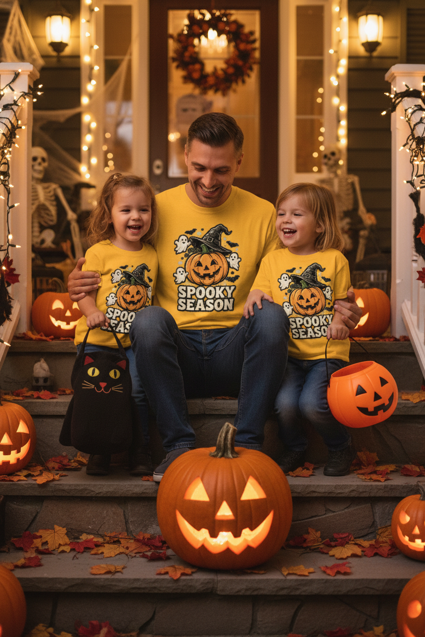 Family in Spooky Season Halloween t-shirts gathered around a glowing jack-o-lantern on the porch