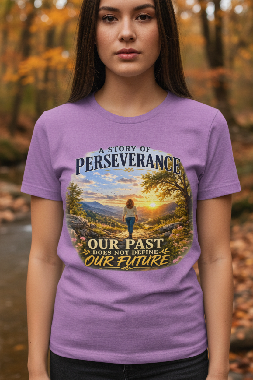 Woman zoomed in close wearing Purple Perseverance tee at autumn creek