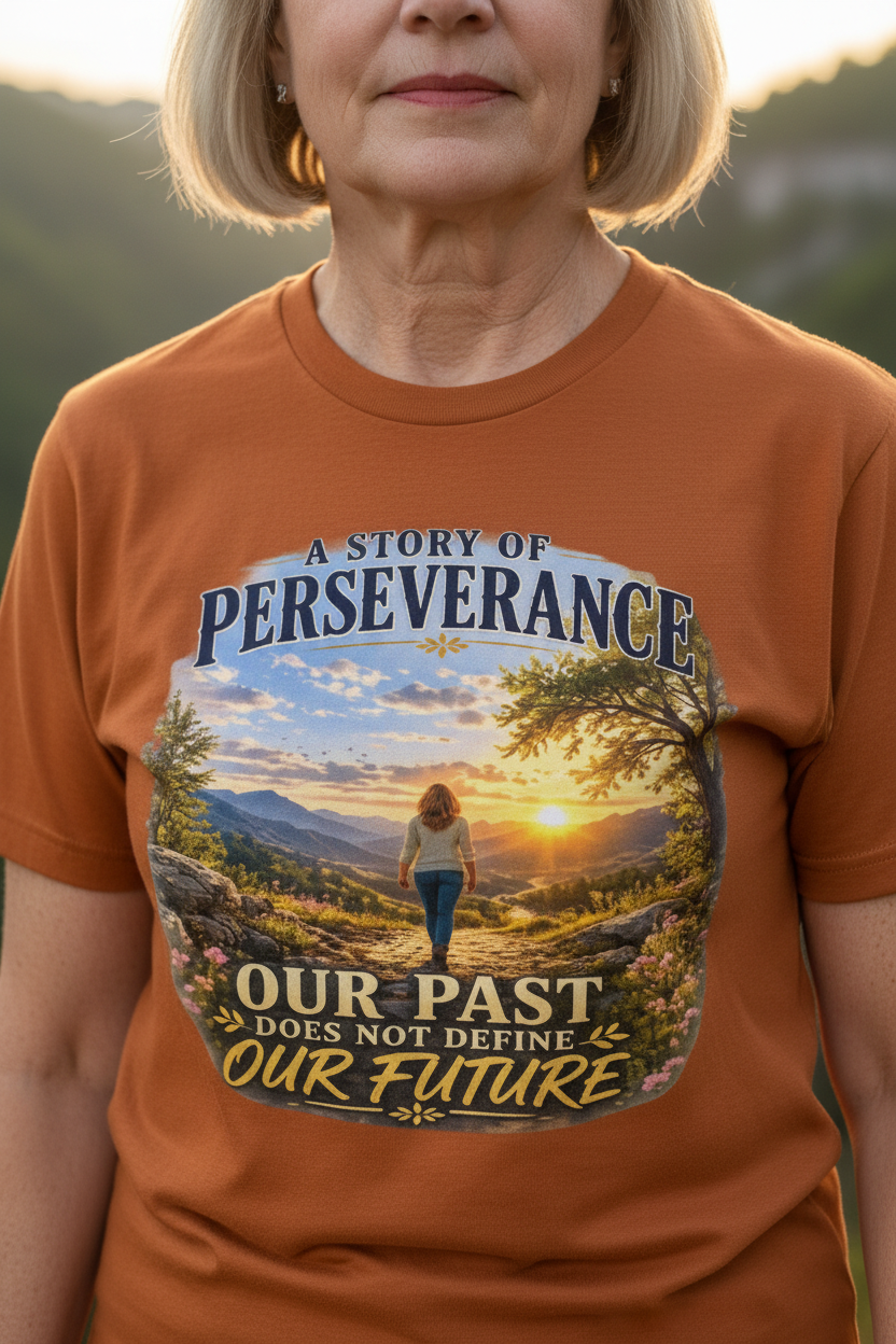 Woman zoomed in close wearing Texas Orange Perseverance tee at Hawk's Nest overlook