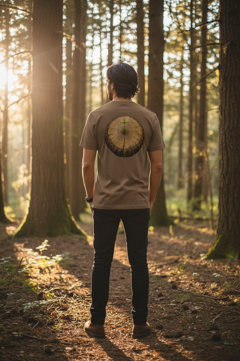 Man in sunlit forest clearing wearing heather brown faith t-shirt showing Job 14:7 tree stump design on back