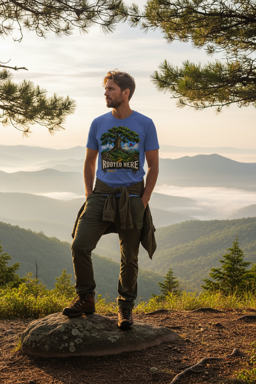 Man wearing Rooted Here West Virginia t-shirt standing on a misty Appalachian mountain overlook at sunrise