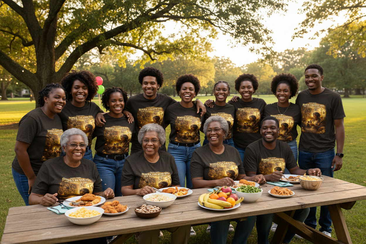 Black family reunion wearing Behold I Am With You faith t-shirts celebrating together outdoors