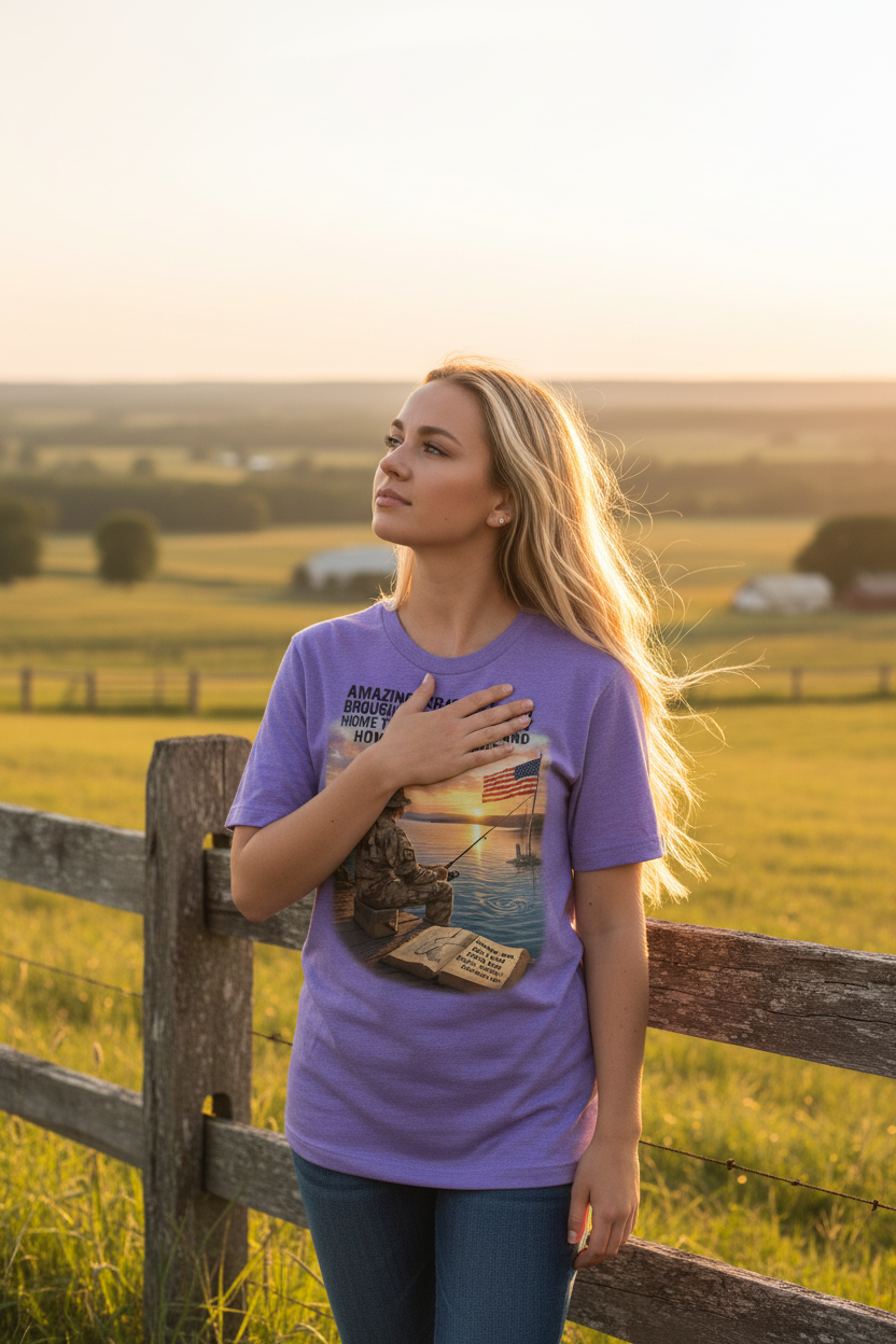 Woman wearing purple Amazing Grace military tee standing at rustic fence hand over heart at golden hour