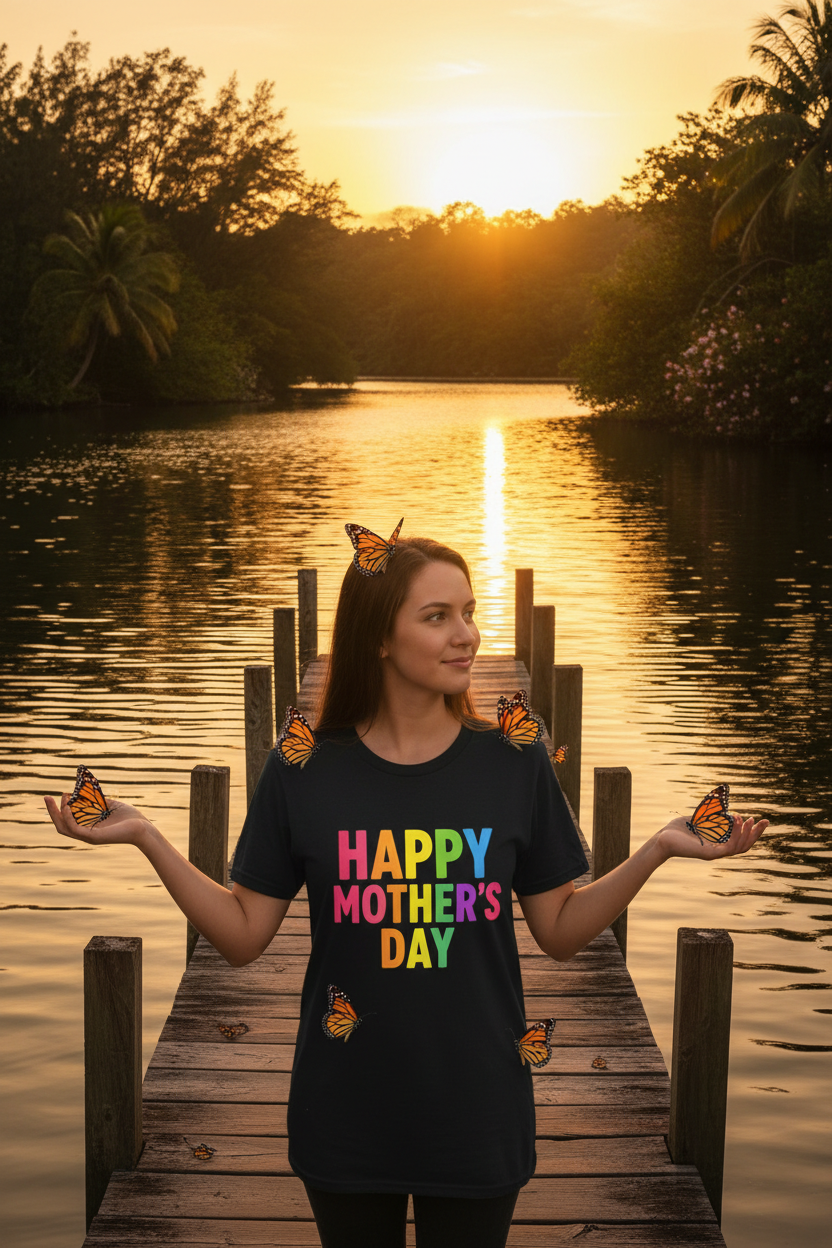 Woman wearing Happy Mother's Day t-shirt on a wooden dock at golden sunset bay with monarch butterflies