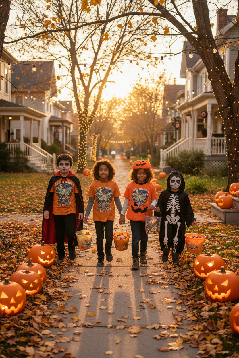 Group of kids trick-or-treating wearing the West Virginia Halloween Luna Moth T-Shirt in orange