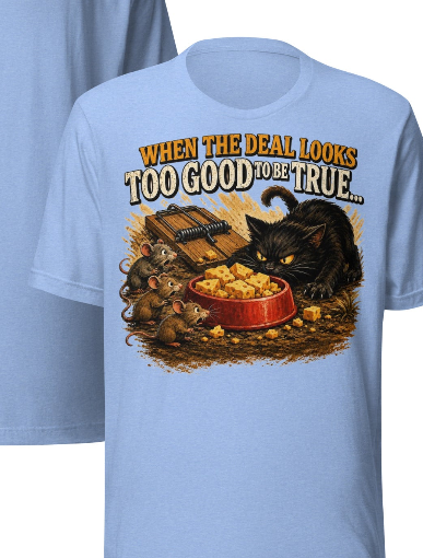 When The Deal Looks Too Good To Be True… | Funny Cat & Mouse Graphic Tee