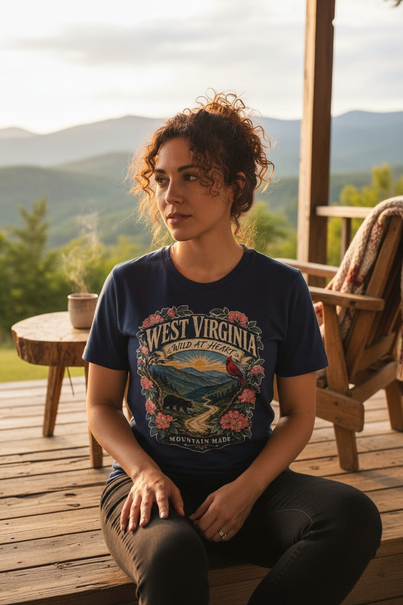 Woman wearing West Virginia Wild at Heart navy t-shirt on Appalachian mountain porch
