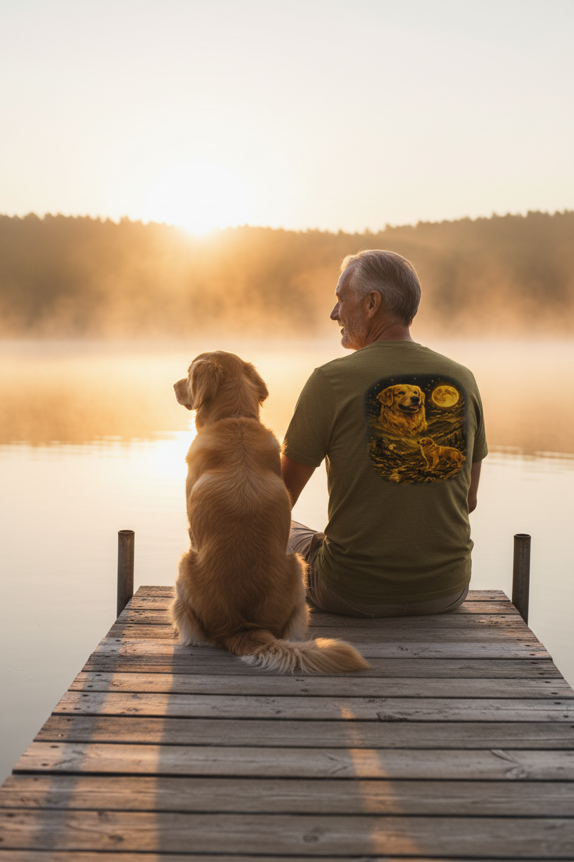 Man on dock with golden retriever at sunrise wearing golden retriever moonlit mountain t-shirt
