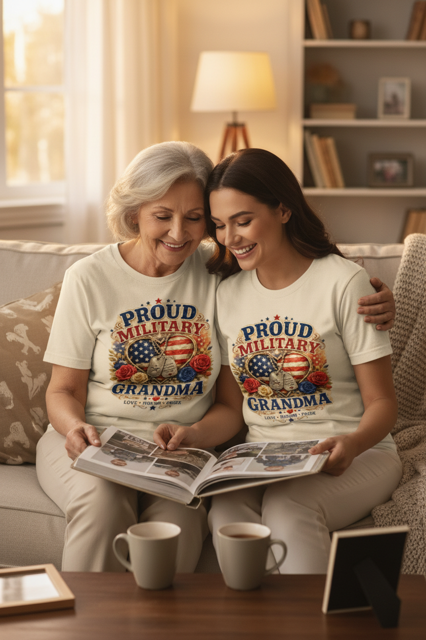 Grandmother and daughter wearing matching natural cream t-shirts looking through military photo album