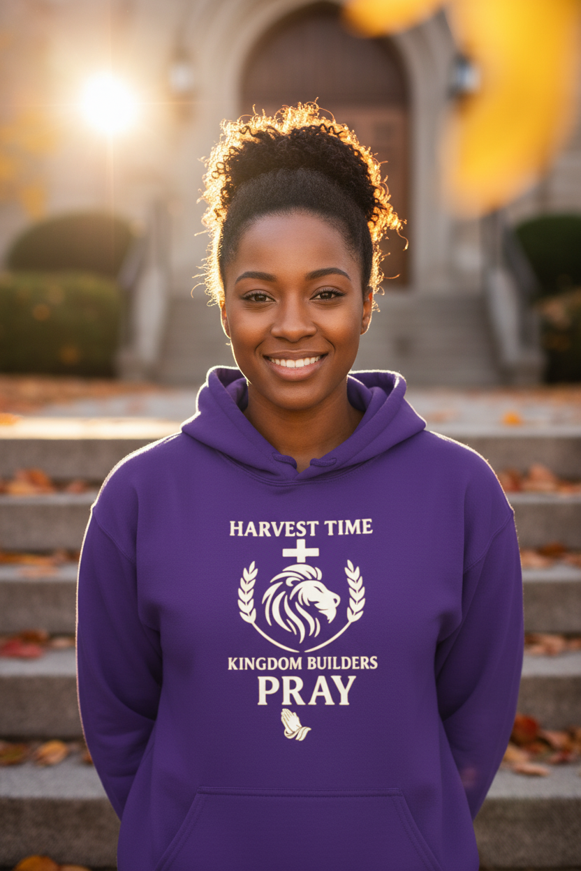 Woman wearing purple Harvest Time Kingdom Builders PRAY hoodie on church steps