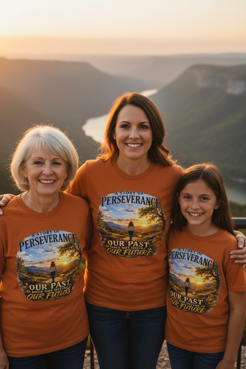 Three generations at Hawk's Nest State Park in matching Texas Orange Perseverance tees
