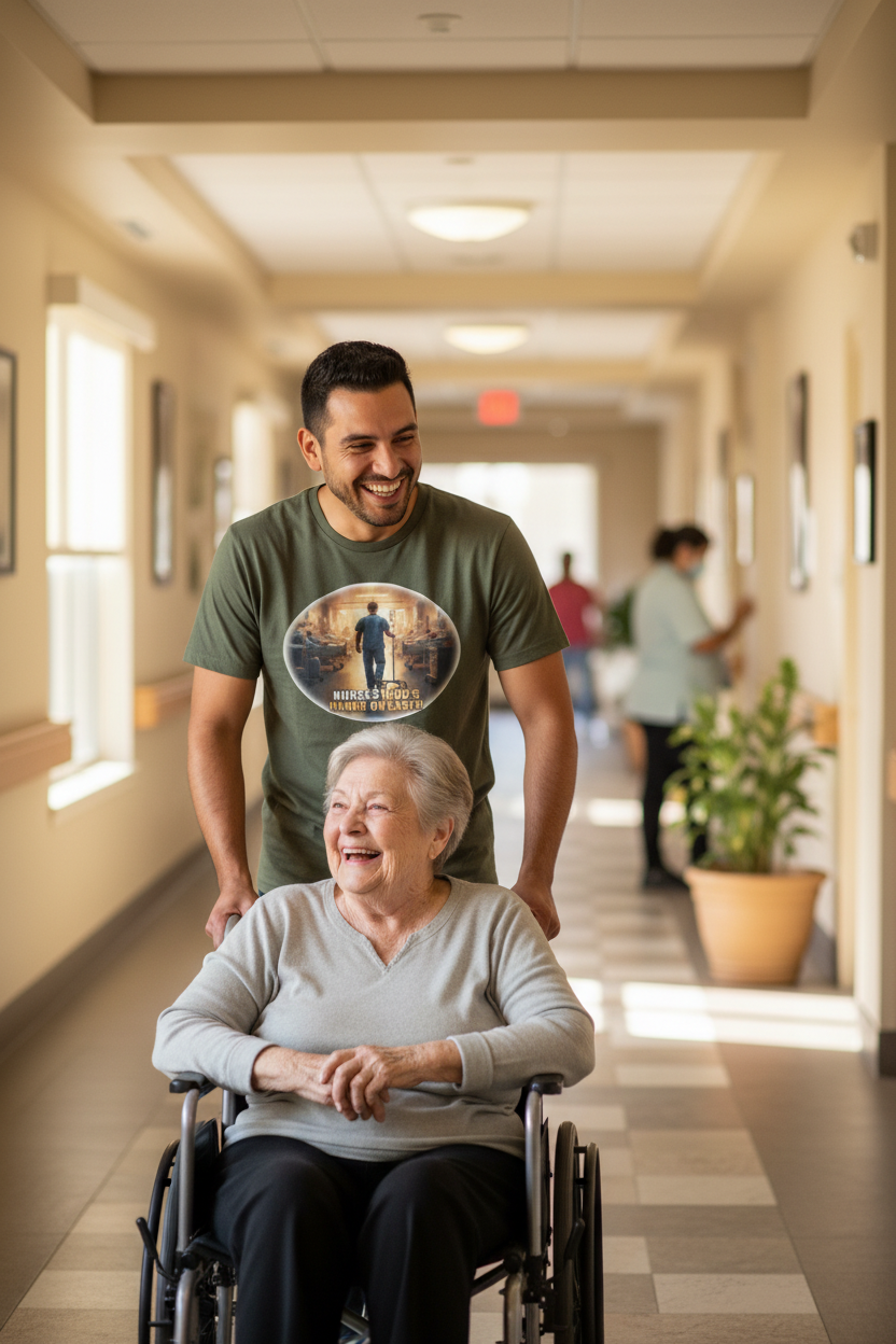 Hispanic male nurse wearing faith tee pushing elderly woman in wheelchair