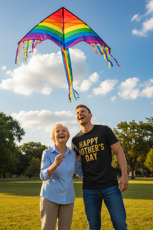 Son and mother flying a colorful kite together in a sunny park, son wearing black Happy Mother's Day t-shirt with bold gold letters
