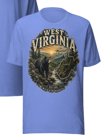 West Virginia Wild & Wonderful carolina blue t-shirt - Mountain State bear graphic