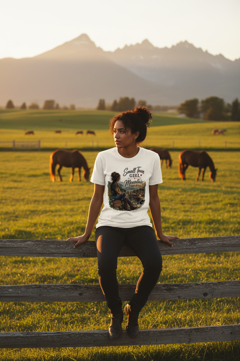 Woman in white Small Town Girl Mountain Momma tee on farm fence at sunset with horses