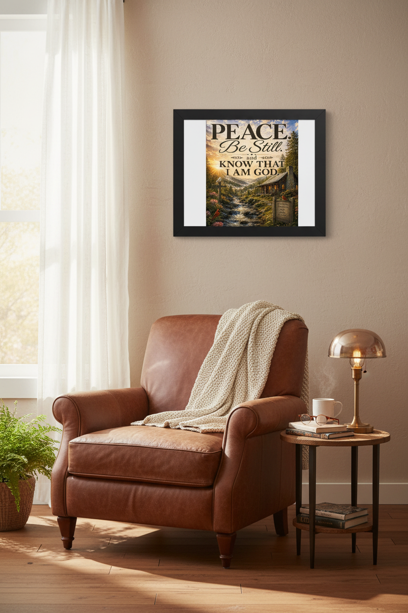 Peace Be Still framed wall art in a cozy reading nook with leather armchair and morning coffee