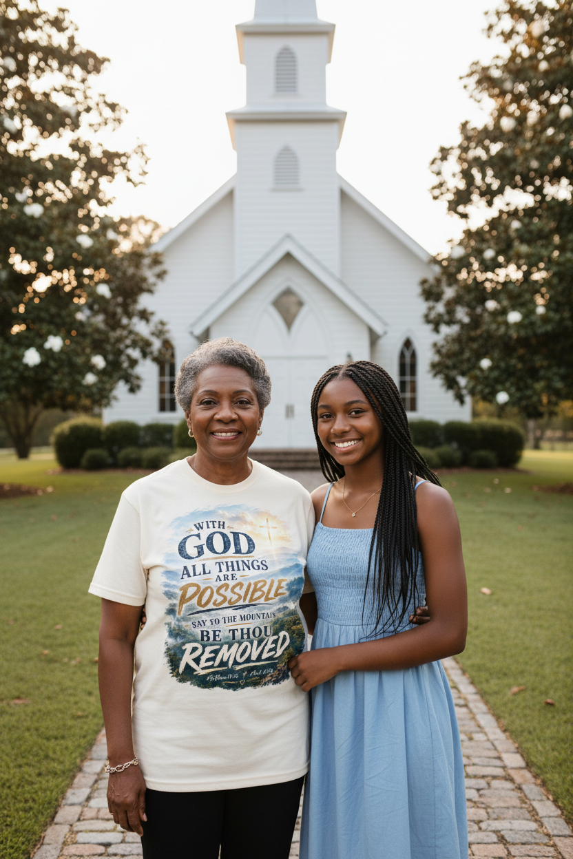 Grandmother and granddaughter at country church wearing faith t-shirt