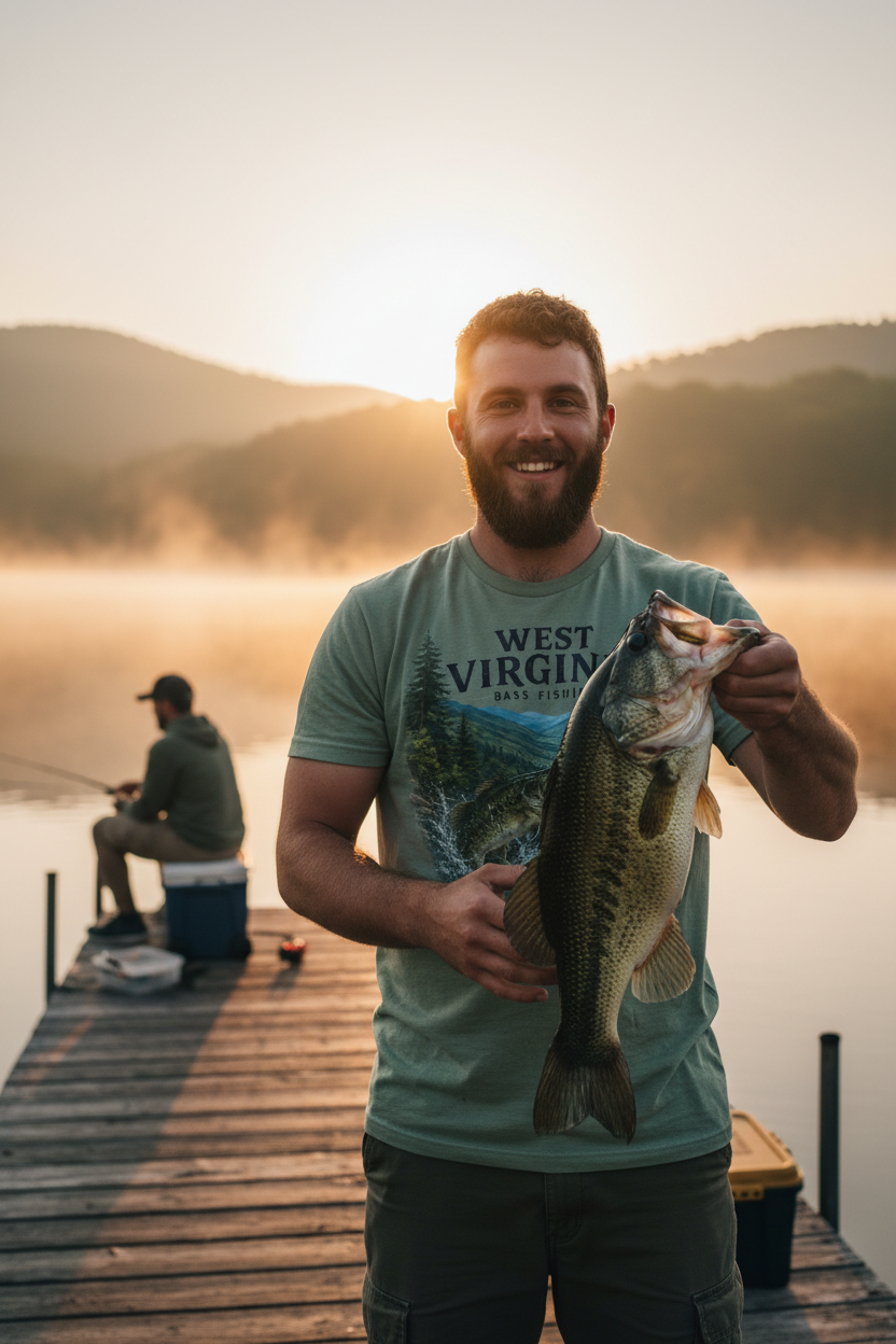 Two friends fishing from dock at dawn wearing West Virginia Bass Fishing tee
